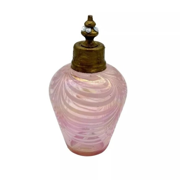 IRICE I W & RICE PERFUME BOTTLE PINK IRIDESCENT PULL FEATHER PATTERN 4.75"X2.5" - Picture 4 of 5
